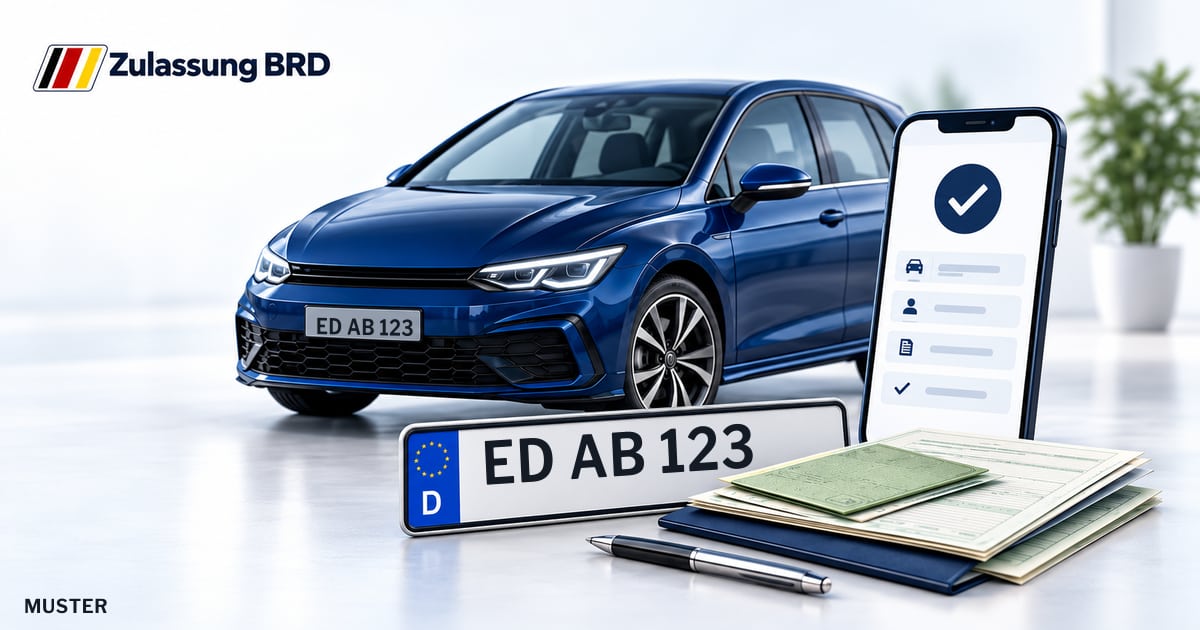 Online Fahrzeugzulassung in Taufkirchen (Vils): Musterkennzeichen ED AB 123, Auto und Fahrzeugpapiere und Smartphone. Illustration mit Logo von Zulassung BRD.